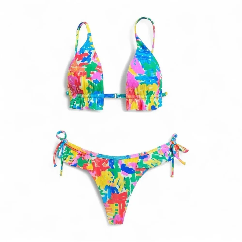 Aurelle Henri Triangle Bikini Set Multicolor Sz M Ribbed Ruffle Tie Side Cheeky